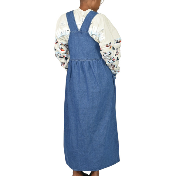 Vintage Christmas Dress Blue Jean Pinafore Bib Overall Jumper Santa Maxi Small - Picture 2 of 13
